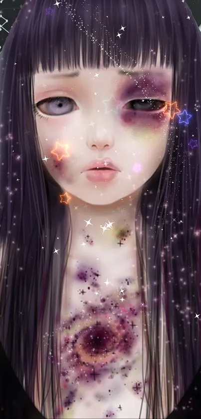 Dreamlike girl with stars and purple hues wallpaper.