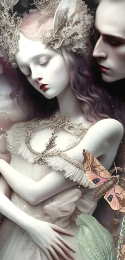 Ethereal dreamlike art with two elegant figures and floral accents.