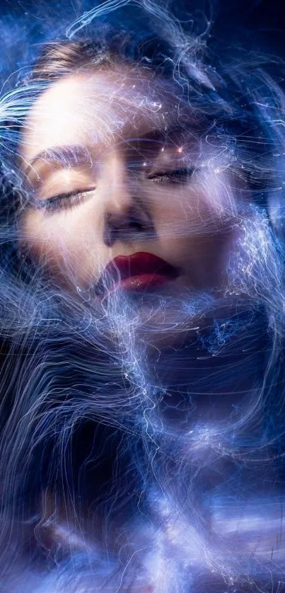 A surreal, ethereal digital art wallpaper with swirling blue hues and a woman's face.