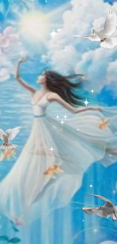 Ethereal woman with doves in a celestial sky.