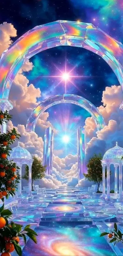 Ethereal dreamscape with cosmic arches and a glowing sky.