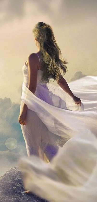 Woman in flowing dress gazes at ethereal sky, perfect serene mobile wallpaper.