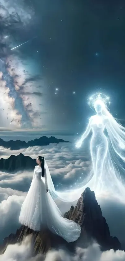 Woman in white gown with ethereal figure in starry sky over mountains.