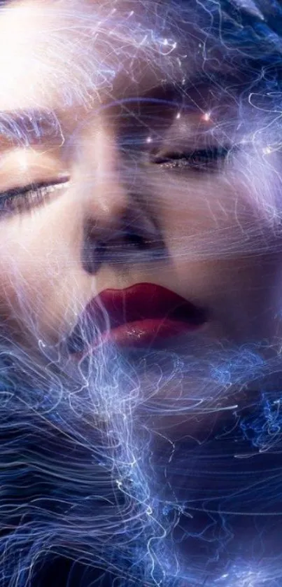 Ethereal dreamscape with mystical light trails and a serene face.