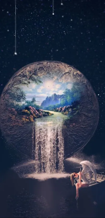 Ethereal artwork of a cosmic waterfall with romantic elements in midnight blue tones.