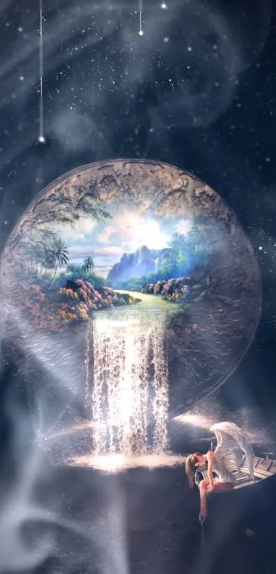 Ethereal dreamscape wallpaper with cosmic waterfall and mystical landscape.