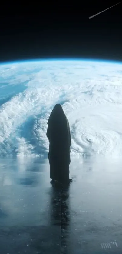 Silhouette against the Earth viewed from space, with a surreal and ethereal atmosphere.