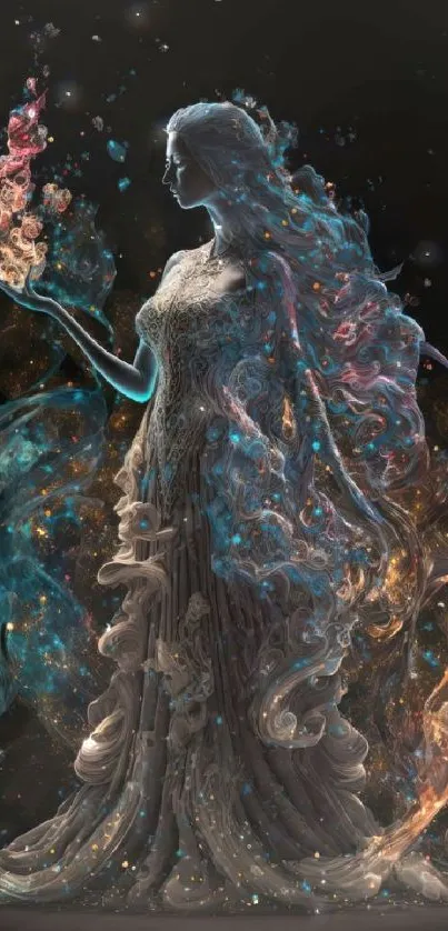 Ethereal figure with swirling colors on a dark background.