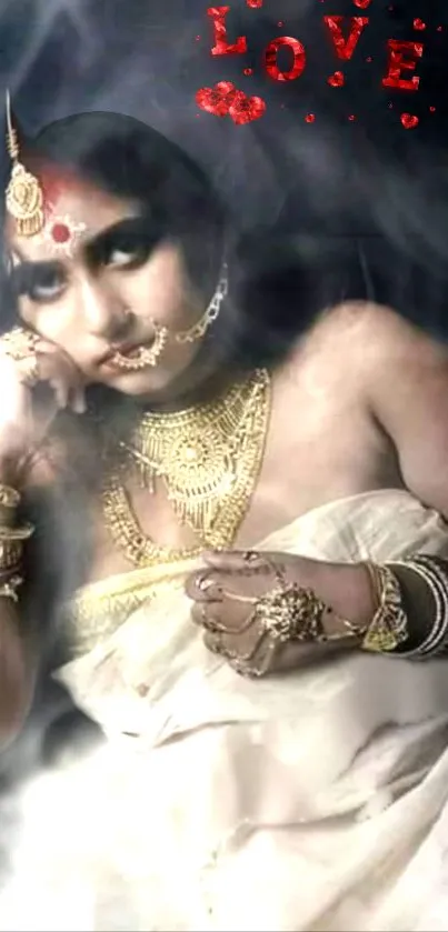 Ethereal portrait with traditional jewelry and attire.