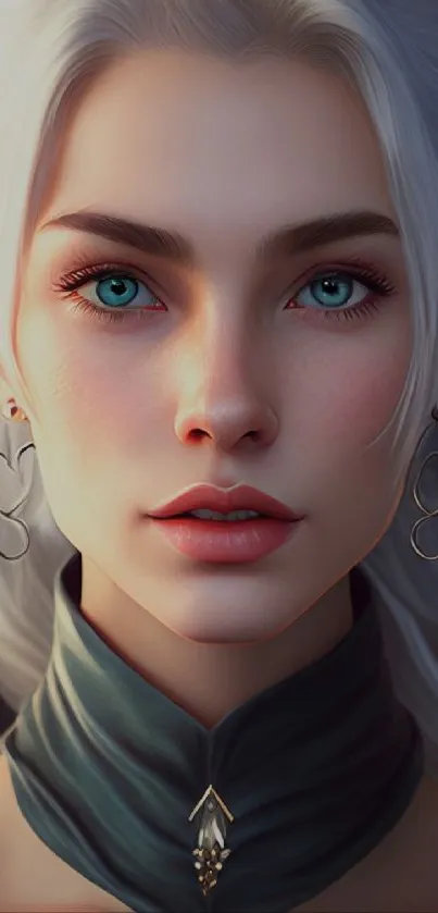 Ethereal elf with blue eyes as a mobile wallpaper, showcasing digital fantasy art.