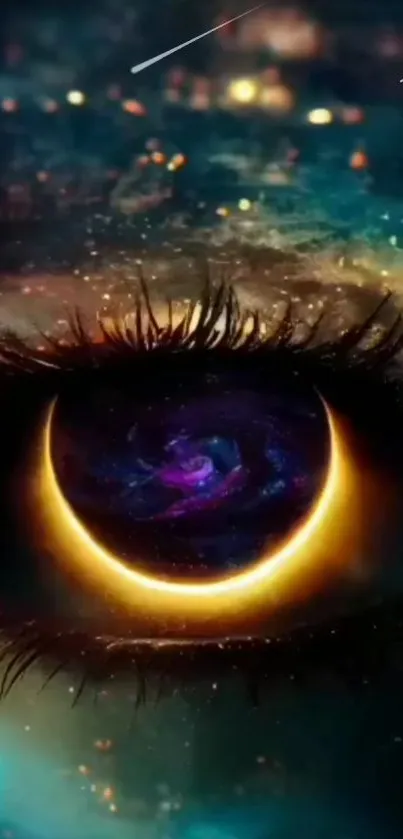 Surreal galaxy eye wallpaper with vibrant cosmic colors and mystical design.