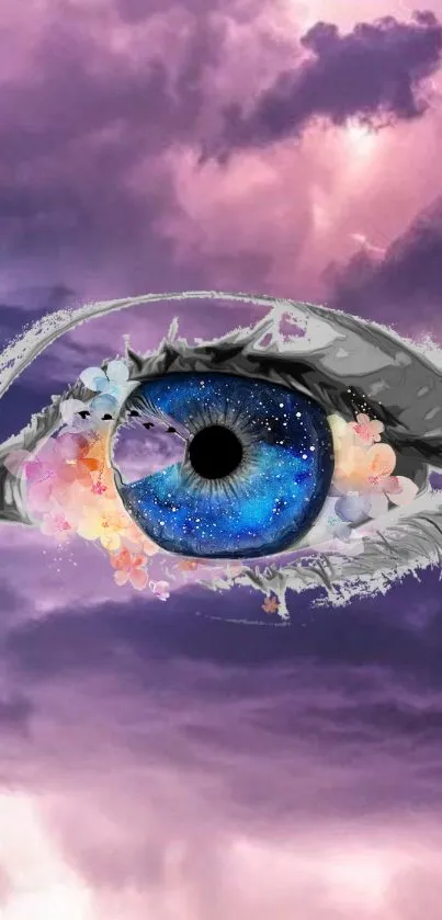 Ethereal eye with galaxy center on purple sky wallpaper.