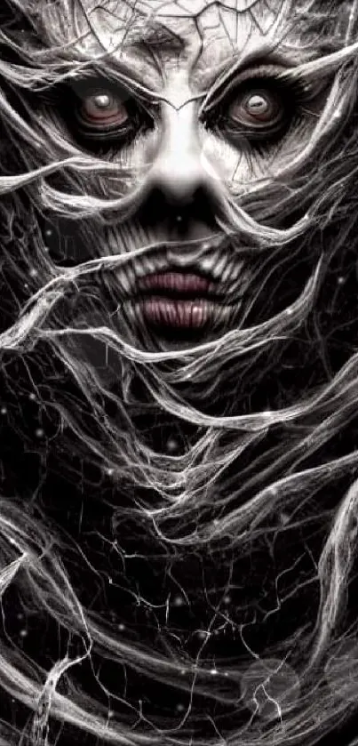 Mysterious face entangled in surreal webs against a dark background.