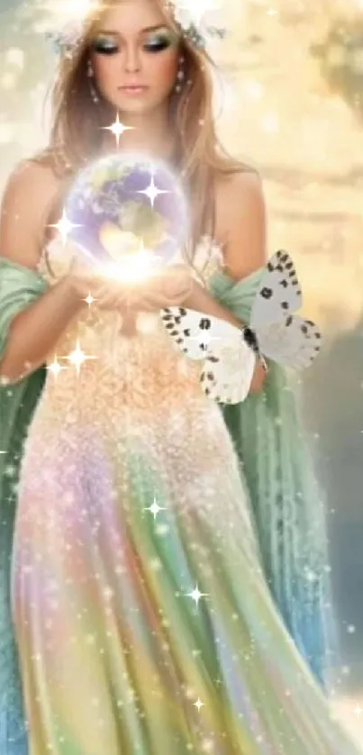 Ethereal fairy holding glowing orb with butterfly.