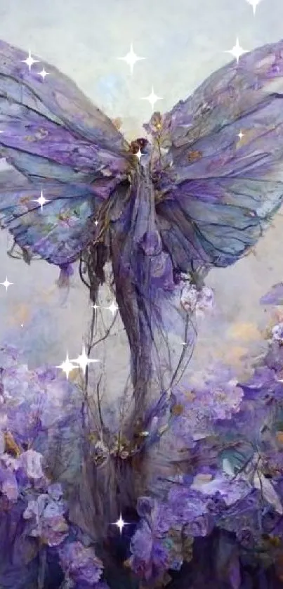 Ethereal fairy amidst lavender flowers in dreamy wallpaper.