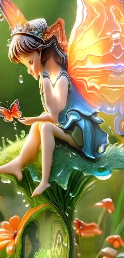 Fairy with vibrant wings sitting on a flower with a butterfly nearby.