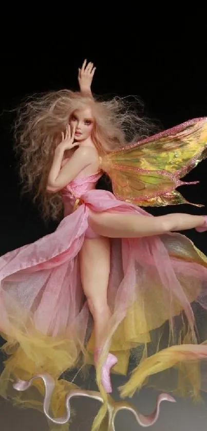 Ethereal fairy with pink dress and wings in a graceful dance pose.