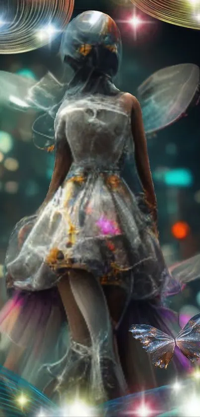 Fantasy fairy with glowing wings in magical bokeh background.