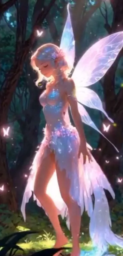 Ethereal fairy in a mystical forest setting with glowing wings.