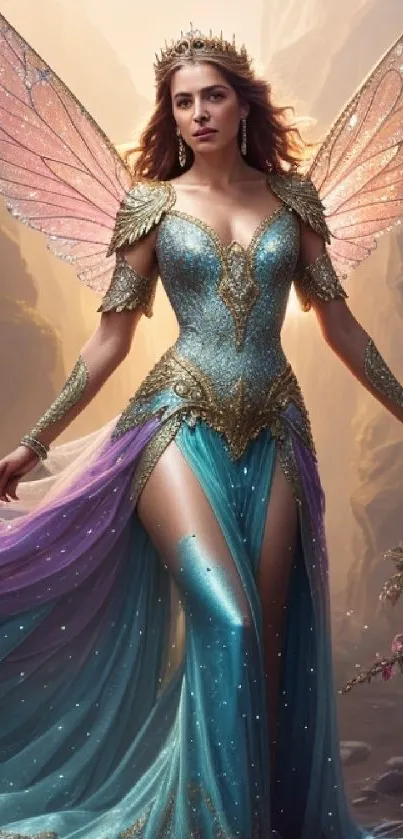 Ethereal fairy in turquoise dress with wings in a mystical landscape.