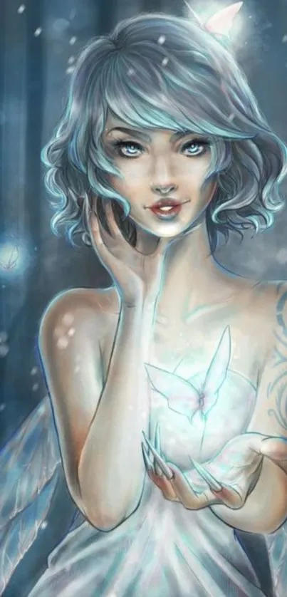 Ethereal fairy with glowing blue aura in fantasy setting.