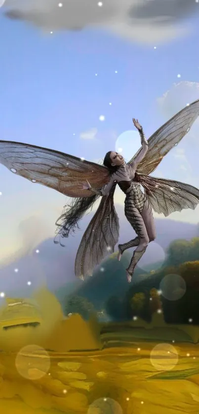 Ethereal winged fairy in a surreal landscape background.