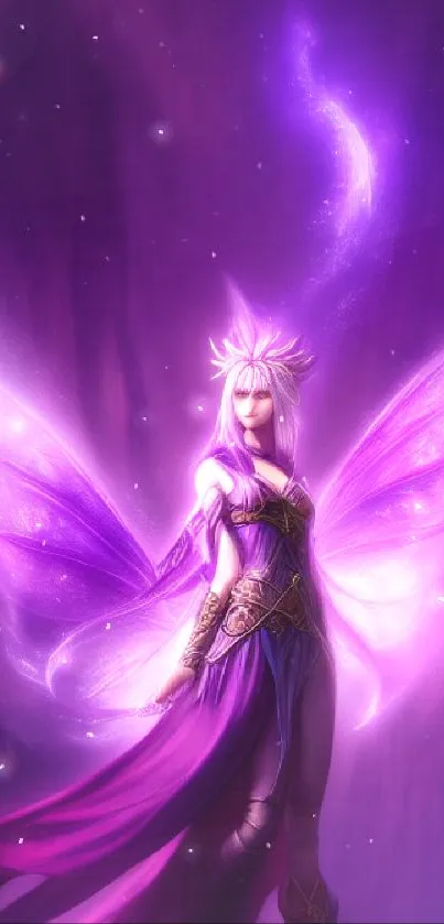 Ethereal fairy glowing in purple light with elegant wings.