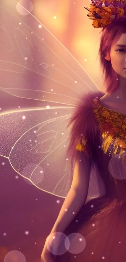 Ethereal fairy with wings in autumn colors, glowing background.