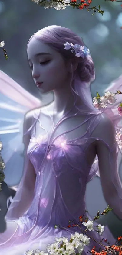 Ethereal fairy surrounded by blossoms with delicate wings.