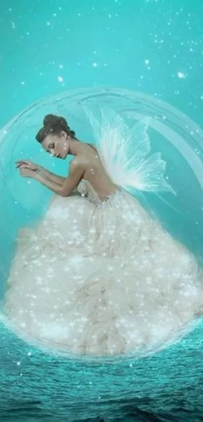 Ethereal fairy in a glowing bubble over turquoise sea.