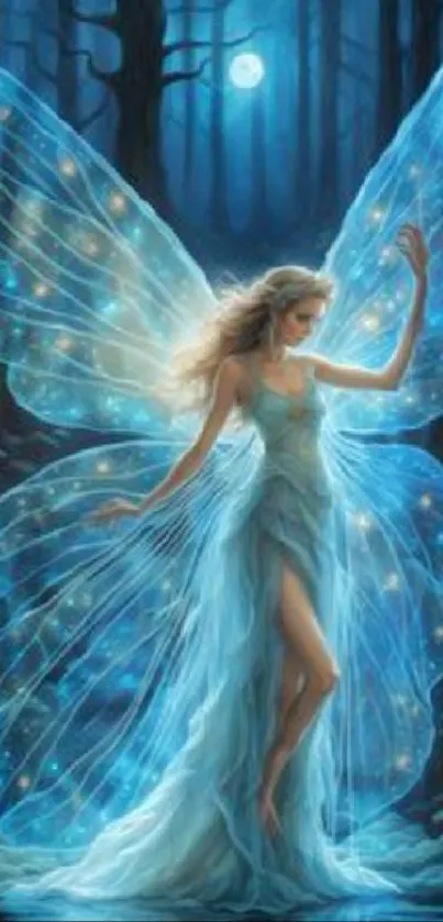 Ethereal fairy dancing in a moonlit forest with shimmering blue wings.