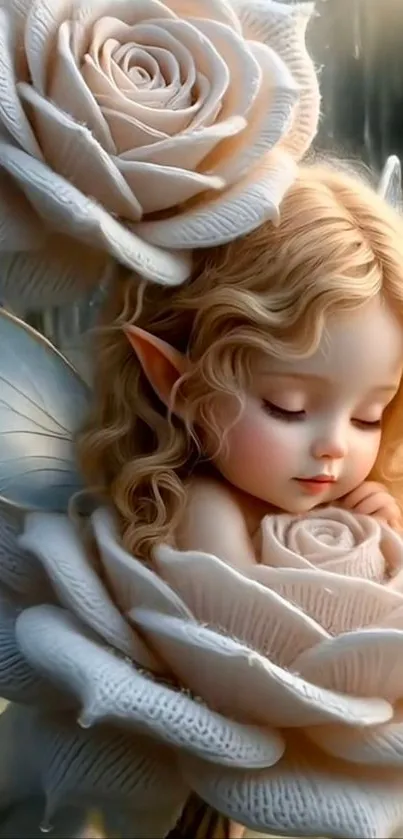 Sleeping fairy nestled in large white roses with delicate wings.