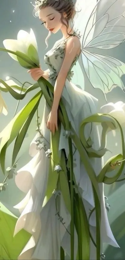 Ethereal fairy with wings surrounded by green foliage in a fantasy setting.