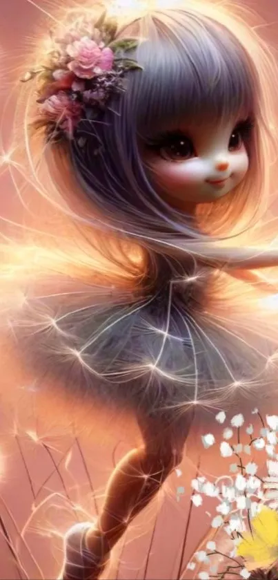 Ethereal fairy with flowers and soft pink background.