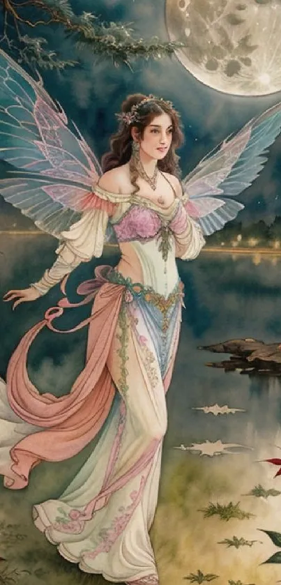 Ethereal fairy in elegant attire under a moonlit sky by a serene lake.