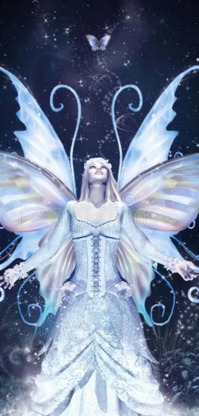 Fantasy fairy at night with glowing wings and starry sky.