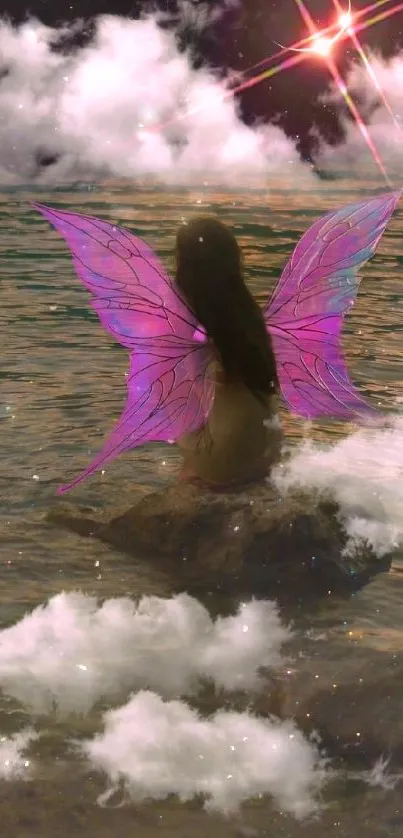 Fantasy wallpaper featuring a fairy with purple wings sitting on a rock with clouds.