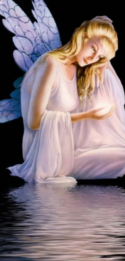 Ethereal fairy sitting by water with wings reflecting in the dark.