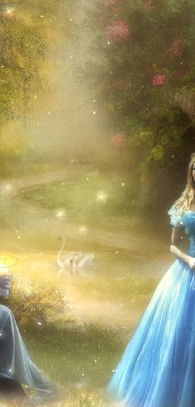 Dreamy fairy tale wallpaper with two princesses in a mystical, glowing scene.