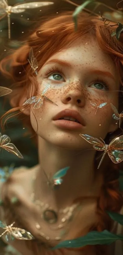 Ethereal fairy with butterflies in soft, mystical tones.