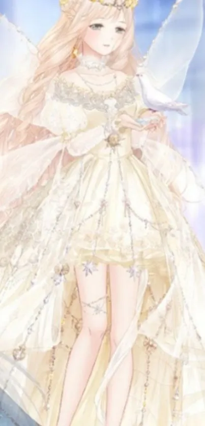 Ethereal fairy in ivory dress holding a dove.