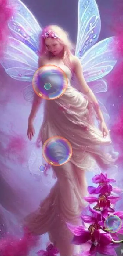 Ethereal fairy with purple wings and flowers in a mystical scene.