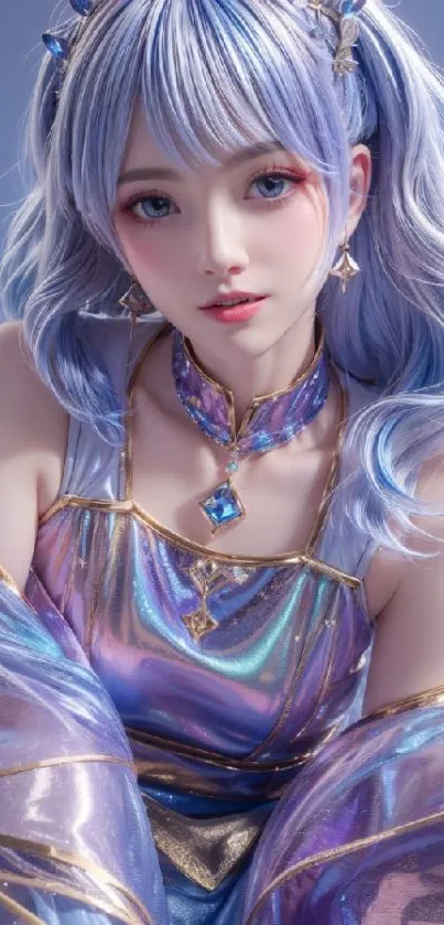 Fantasy character with lavender hair on a colorful mobile wallpaper.