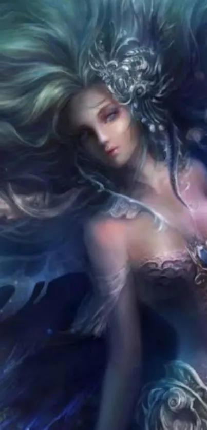 Fantasy mermaid artwork with vibrant blue and mystical oceanic themes.