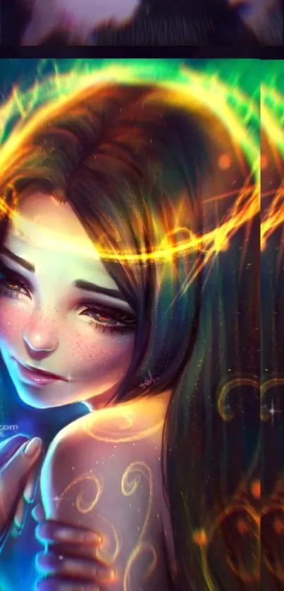 Mystical woman with glowing halo in fantasy art wallpaper.