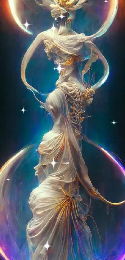 Ethereal fantasy art with a flowing robed figure and iridescent colors.