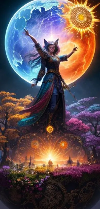 Enchanting fantasy realm with celestial elements and vibrant nature scenery.