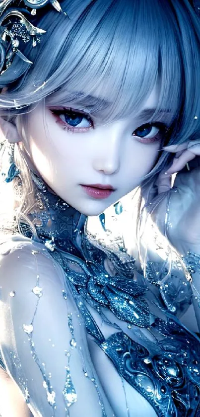 Ethereal character in fantasy artwork with silver blue hues and detailed design.