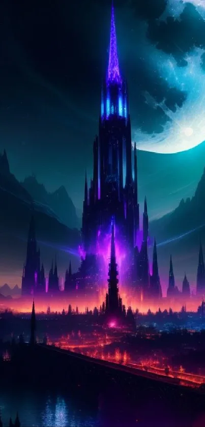 A majestic fantasy castle under a glowing moon, surrounded by vivid night colors.