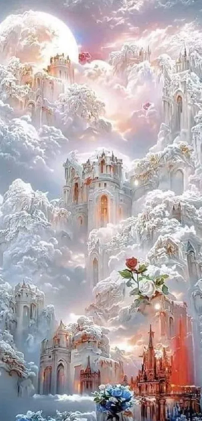 Ethereal fantasy castle wallpaper with clouds and vibrant colors.